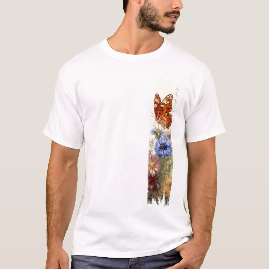 野生の花のブラシの中の絵を描蝶 Tシャツ (正面)