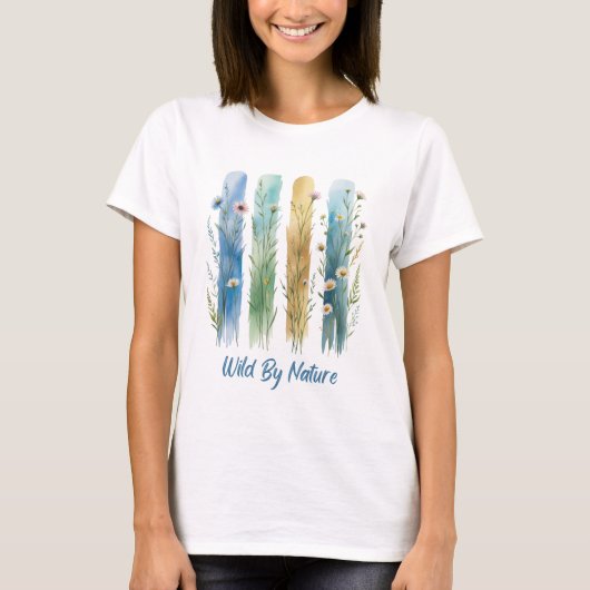 野生の花のブルーグリーンのブラシストローク Tシャツ (正面)