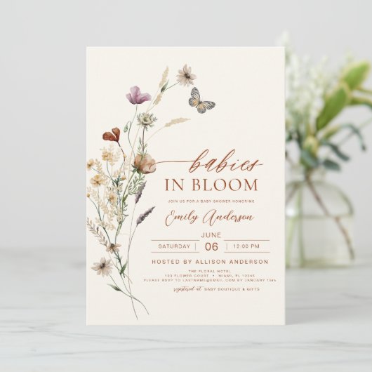 野生の花のベビー開花ツインズベビーシャワー 招待状 (スタンド正面)