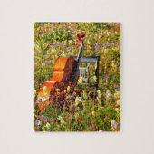 野生の花の分野の椅子が付いているチェロ ジグソーパズル (縦)