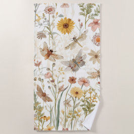 野生の花の庭園 植物画 蝶 花柄 ビーチタオル