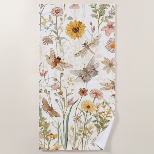 野生の花の庭園 植物画 蝶 花柄 ビーチタオル (正面)