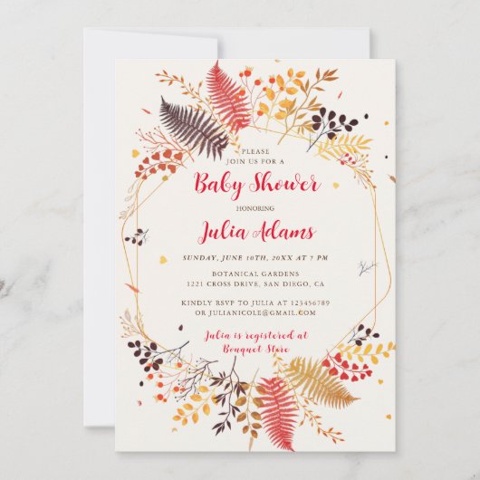 野生の花の森のキノコの葉の赤ちゃんシャワー 招待状 (正面)