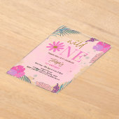 野生の花の熱帯の葉の赤ちゃん女の子1st誕生日 アクリル招待状 (レイダウン)