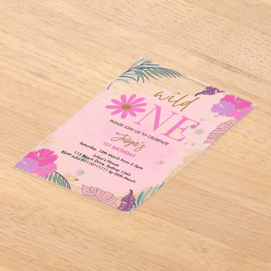 野生の花の熱帯の葉の赤ちゃん女の子1st誕生日 アクリル招待状 (レイダウン)