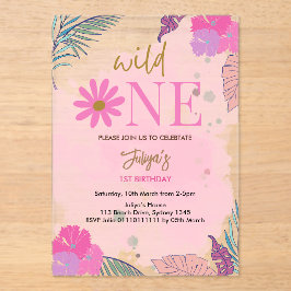 野生の花の熱帯の葉の赤ちゃん女の子1st誕生日 アクリル招待状