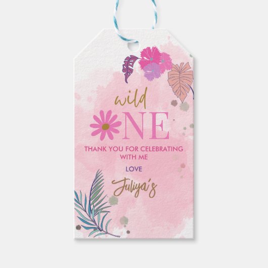 野生の花の熱帯の葉の赤ちゃん女の子1st誕生日 ギフトタグ (正面)