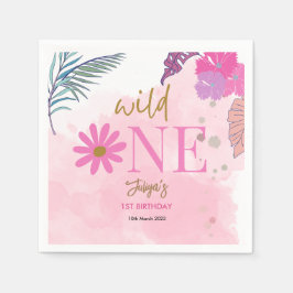 野生の花の熱帯の葉の赤ちゃん女の子1st誕生日 スタンダードカクテルナプキン