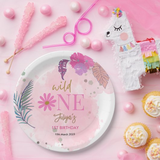 野生の花の熱帯の葉の赤ちゃん女の子1st誕生日 ペーパープレート (パーティー)