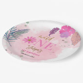 野生の花の熱帯の葉の赤ちゃん女の子1st誕生日 ペーパープレート (アングル)