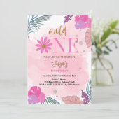 野生の花の熱帯の葉の赤ちゃん女の子1st誕生日 招待状 (スタンド正面)