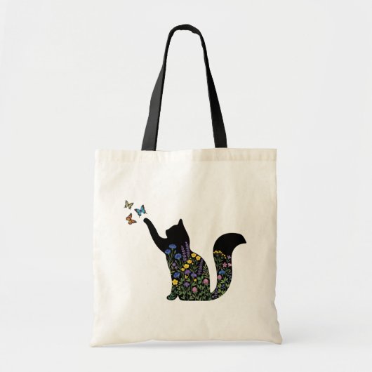 野生の花の猫のシルエット蝶 トートバッグ (正面)