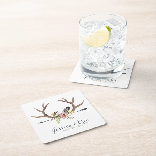 野生の花の矢および(雄ジカの)枝角 スクエアペーパーコースター (インサイチュ)