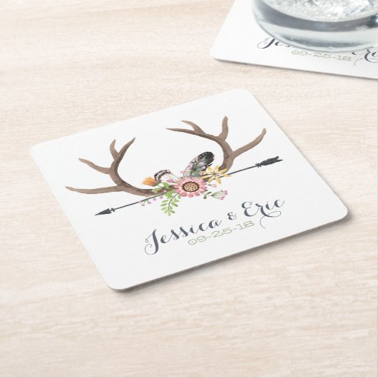 野生の花の矢および(雄ジカの)枝角 スクエアペーパーコースター (アングル)