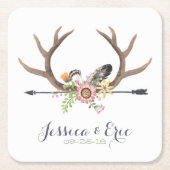 野生の花の矢および(雄ジカの)枝角 スクエアペーパーコースター (正面)