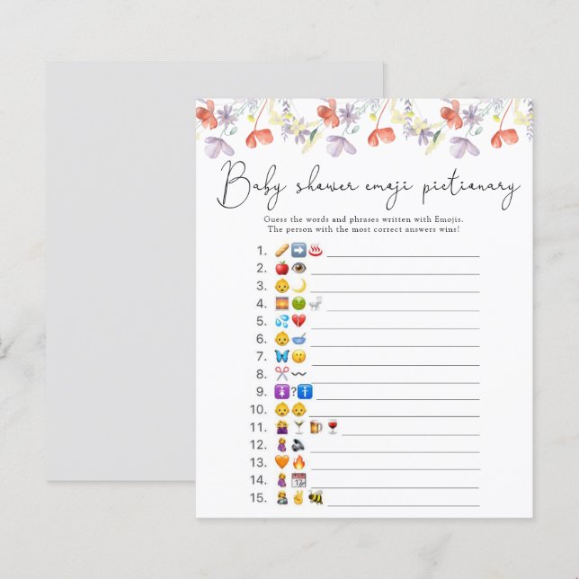 野生の花の絵文字絵合わせゲーム ベビーシャワー (正面/裏面)