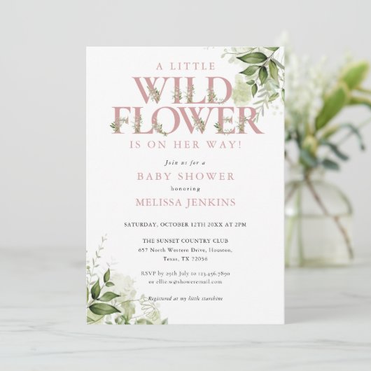 野生の花の緑のピンクの女の子の赤ちゃんシャワー 招待状 (スタンド正面)