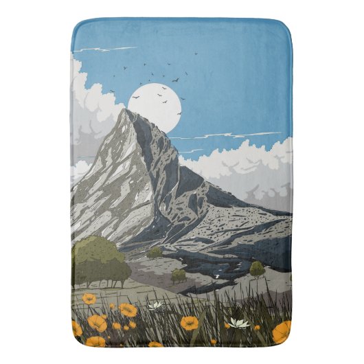 野生の花の草原の山 バスマット (正面縦)