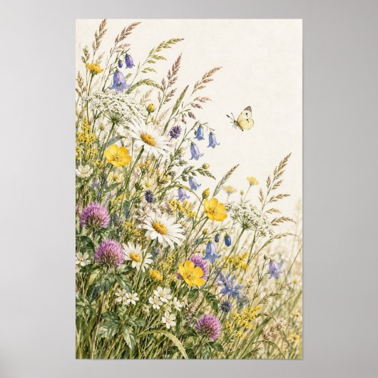 野生の花の草原の蝶の植物画壁アート ポスター (正面)