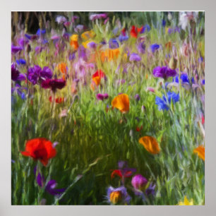 野生の花の草地、トウモロコシの花、ケシ ポスター