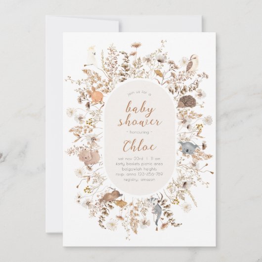野生の花の赤ちゃんシャワーオーストラリア先住民動物 招待状 (正面)