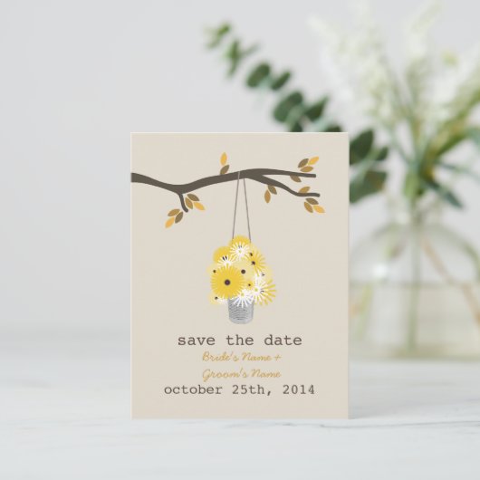 野生の花の錫の缶秋の結婚式日付を保存 案内ポストカード (スタンド正面)