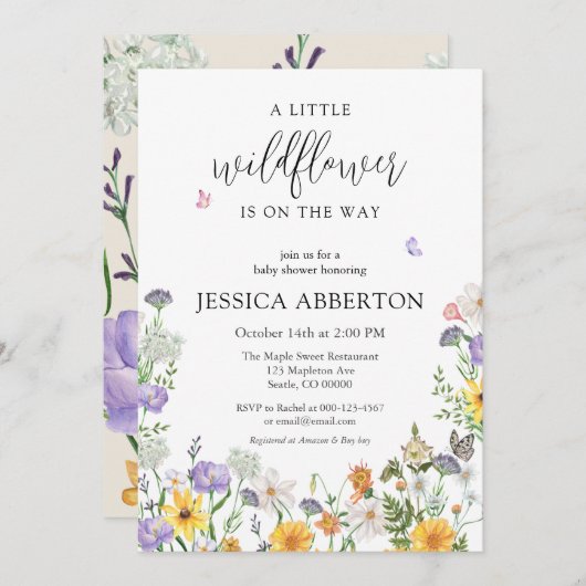 野生の花の青いピンクの中性の赤ちゃんシャワー 招待状 (正面/裏面)