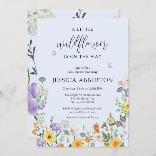 野生の花の青いピンクの中性の赤ちゃんシャワー 招待状 (正面/裏面)