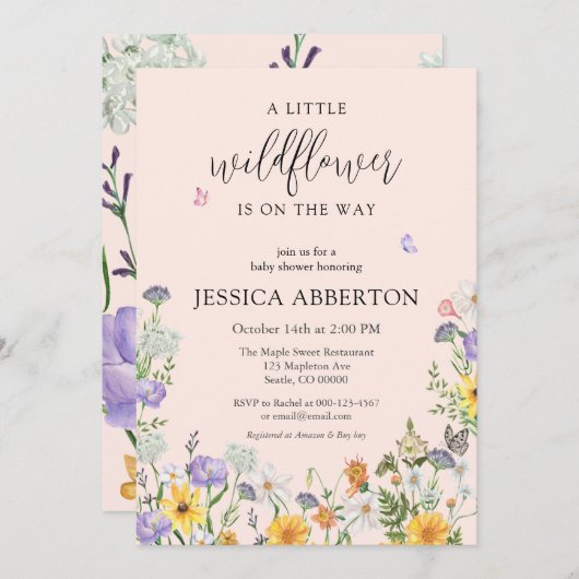 野生の花の青いピンクの中性の赤ちゃんシャワー 招待状 (正面/裏面)