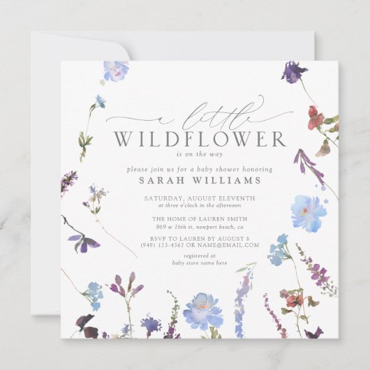 野生の花の青いフローラ夏の赤ちゃんシャワー 招待状 (正面)