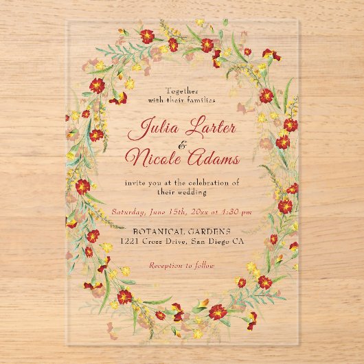 野生の花の黄色のマリゴールド結婚葉 アクリル招待状 (正面)