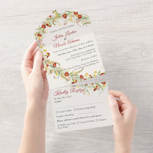 野生の花の黄色のマリゴールド結婚葉 オールインワン招待状 (貼ってはがせる)