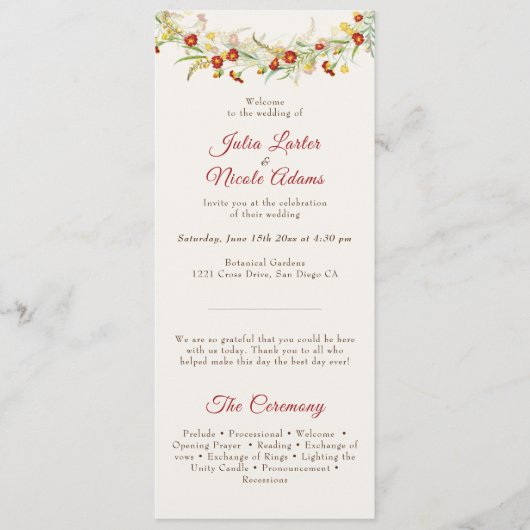 野生の花の黄色のマリゴールド結婚葉 プログラム (正面)