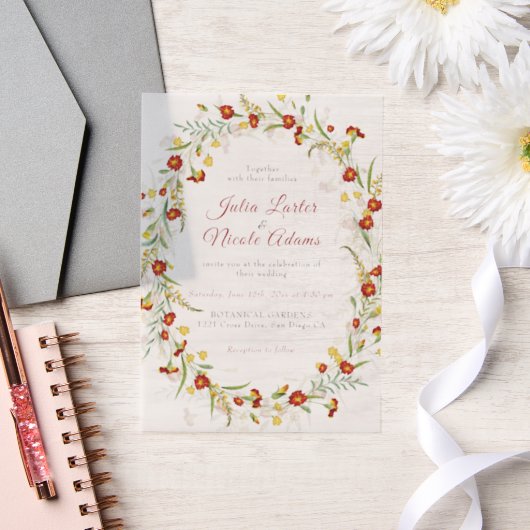 野生の花の黄色のマリゴールド結婚葉 ベラム紙招待状 (ウェディング)