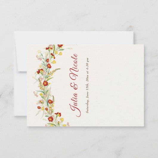 野生の花の黄色のマリゴールド結婚葉 出欠カード (裏面)