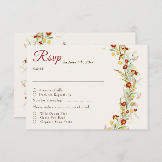 野生の花の黄色のマリゴールド結婚葉 出欠カード (正面/裏面)