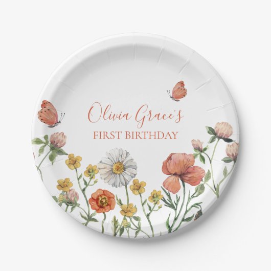 野生の花の1歳の誕生日パーティー ペーパープレート (正面)