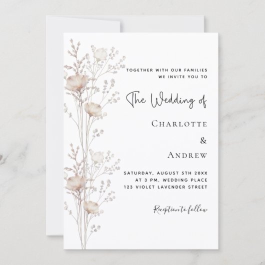 野生の花をあしらったベージュクリーム色のエレガントなウェディング 招待状 (正面)