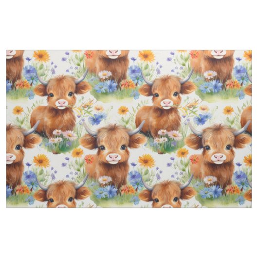 野生の花を咲かせるハイランド牛 ファブリック (ファットクウォーター)