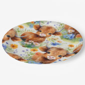 野生の花を咲かせるハイランド牛 ペーパープレート (アングル)