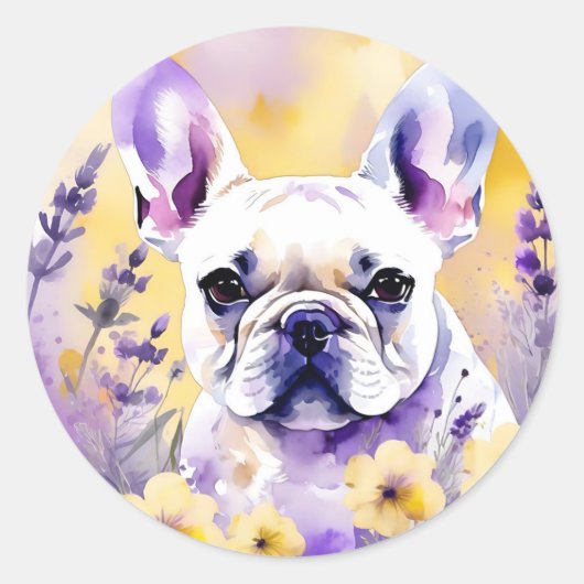 野生の花を持つフレンチキドッグポートレート ラウンドシール (正面)