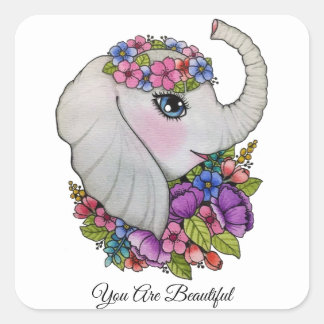 野生の花を持つ水彩象 スクエアシール