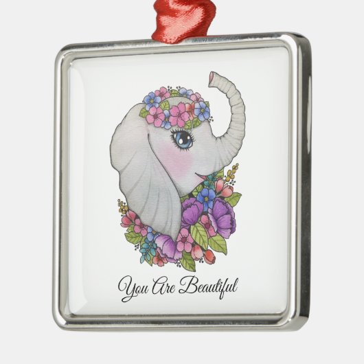 野生の花を持つ水彩象 メタルオーナメント (左)