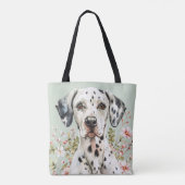 野生の花を持つ白と黒のダルマの犬 トートバッグ (裏面)