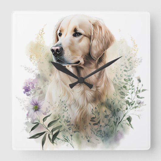野生の花を持つ美しいゴールデンレトリバー犬 スクエア壁時計 (正面)