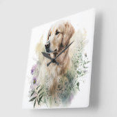野生の花を持つ美しいゴールデンレトリバー犬 スクエア壁時計 (傾斜)