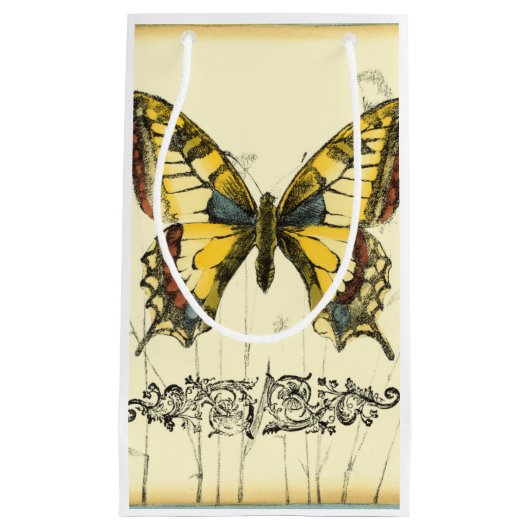 野生の花を持つ装飾的な蝶 スモールペーパーバッグ (正面)