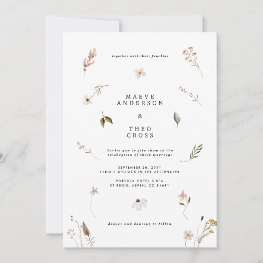 野生の花エレガント結婚ミニマルフローラ 招待状 (正面)