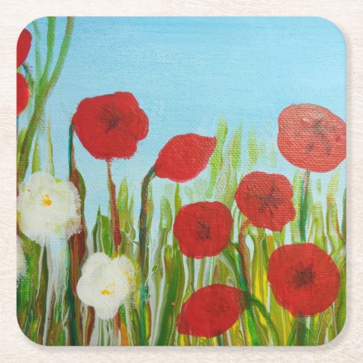 野生の花ケシとデイジー スクエアペーパーコースター (正面)