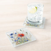 野生の花ケシと青トウモロコシの花 ガラスコースター (アングル)